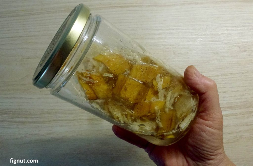 Banana peals soaking in jar